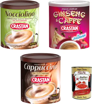Produktbild von Crastan Testpaket Nocciolino, Cappuccino, Ginseng e caffe', Solubile, Cappuccino löslicher Haselnussgeschmack 3x 150g + Italian Gourmet polpa 400g