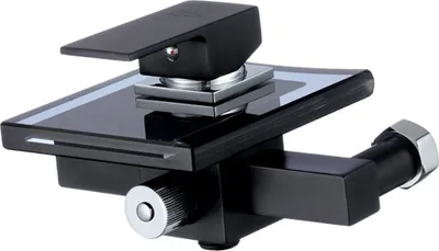A close-up studio shot of a modern black faucet with glass accents.