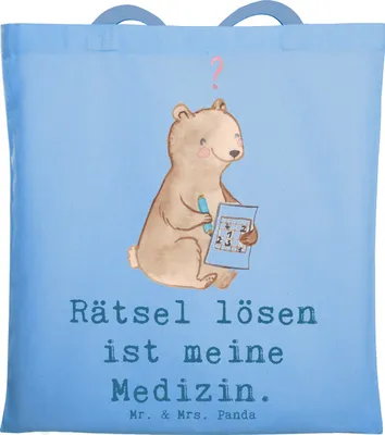 Produktbild von Mr. & Mrs. Panda Schultasche Bär Rätsel lösen - Sky Blue - Geschenk, Gedächtnistraining, Laptoptasche, Tote Bag, Tasche, Tragetasche, Knobeln, Kreuzworträtsel, Uni