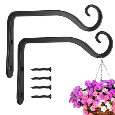 Image de Supports pour plantes, supports pour paniers à fleurs, crochets muraux en fer, fixations murales pour paniers à fleurs, crochets de 15 cm pour suspendre des pots de fleurs, des nichoirs, des lanternes, des carillons éoliens et des appliques murales – lot de 2