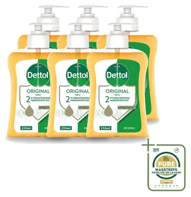 Zdjęcie produktu dla 6 sztuk płynu do mycia rąk Dettol, antybakteryjny, oryginalny zapach, pojemność 250 ml - zestaw ekonomiczny
