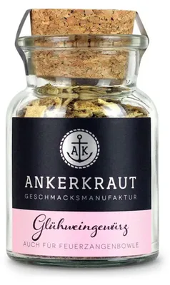 Obrázek produktu pro Ankerkraut Glühweingewürz, Práškové koření, Skořicová, Hřebíček, Lemon fruit powder, Pomerančová kůra, Badyán, Vanilka, Konzervant, 60 g, Skleněná nádoba, 1 kusů