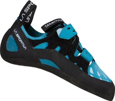 Klett-Kletterschuh "Tarantula Woman" von La Sportiva in Schwarz und Türkis mit zwei Klettverschlüssen.