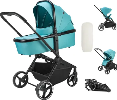 Produktbild von Booboo Jazzi Kinderwagen, 2 in 1 Kombikinderwagen mit Sportwagen + Babywanne, ab Geburt bis 22 kg, leicht, kompakt, große Räder - Ocean