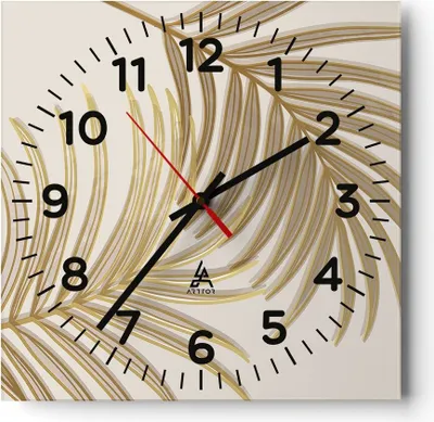 Produktbild von Wanduhr - Quadrat - Glasuhr - Golden Blätter Palmen - 40x40cm - Schleichendes Uhrwerk - Lautlos - zum Aufhängen bereit - Dekoration Modern - Wanddekoration aus Glas - C4AC40x40-4738
