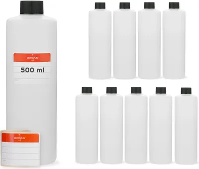 Produktbild von 10x 500 ml Rundflaschen HDPE, G25, schwarze Schraubverschlüsse