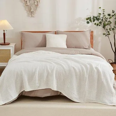 Produktbild von Katoenen Doppeldecke 100% Mousseline, 230 x 230 cm, große, weiße, atmungsaktive, großzügige Doppeldecke für Erwachsene