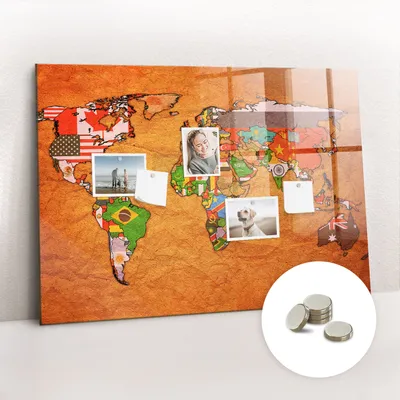 Obrázek produktu pro Magnetická Tabule na Zeď Skleněná - Memo Board Kleněnou Přední Stranou - 5 magnetů v balení - 100x70 cm - Mapa světa s vlajkami