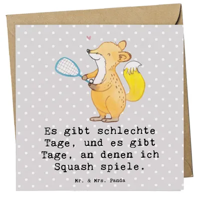 Produktbild von Mr. & Mrs. Panda Glückwunschkarte Fuchs Squash spielen - Grau Pastell - Geschenk, anlasskarte, Squashhalle, Klappkarte, Grußkarte, faltkarte, Ballsport, doppelkarte