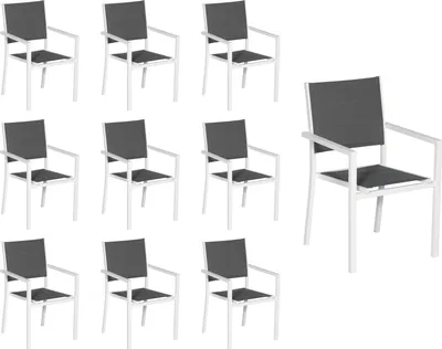 Produktbild von 10er Set gepolsterten Stühlen aus weißem Aluminium - graues Textilene