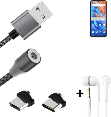Produktbild von K-S-Trade® Hochwertiges Magnet-Lade-kabel Sync-Kabel Daten-Kabel + Kopfhörer kompatibel mit UMIDIGI A13S mit USB-Typ-C-Anschluss und