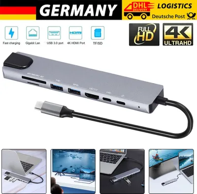 Produktbild von 8 in 1 Typ-C Hub zu USB 3.0 USB-C HDMI LAN RJ45 SD TF Adapter für Macbook Laptop