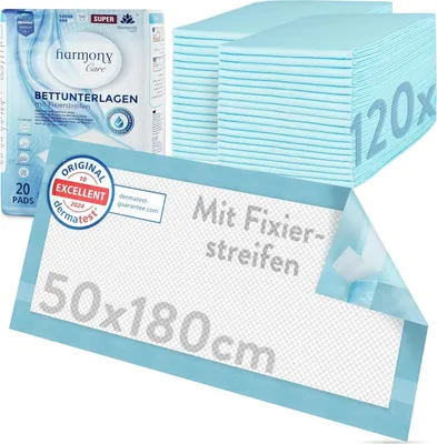 A product shot of incontinence pads and their packaging, with a stack of pads in the background and a close-up of one pad in the foreground.
