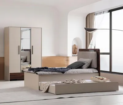 Image de Ensemble de chambre à coucher beige élégant Lit simple design Armoire en bois