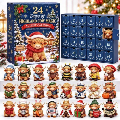 Produktbild von Highland Cow Adventskalender 2026, 24 Mini-Figuren, Weihnachtsdeko mit nummerierten Türchen, Geschenk für Sammler und Highland-Cow-Fans