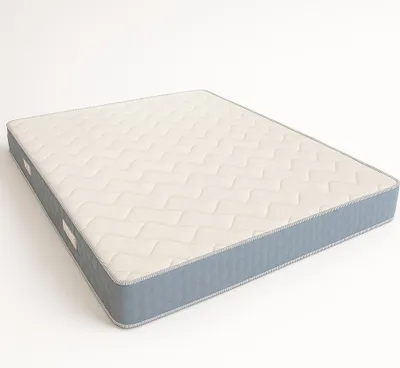 A white mattress with a blue border is shown on a white background.