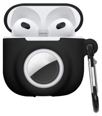 Produktbild von kwmobile 2-in1 Schutzhülle für Apple Airpods 4 Hülle - Kopfhörer Silicon Case kompatibel mit AirTag - stoßfestes Cover mit Karabiner - Schwarz