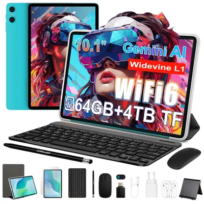 Obrázok produktu pre TECLAST P33, tablet s 10,1-palcovým displejom, operačným systémom Android, 10 príslušenstvom, technológiou Gemini AI, 64 GB vnútornou pamäťou + podpora 4 TB TF karty, 5G WiFi, certifikáciou Widevine L1, osemjadrovým procesorom, batériou 6000 mAh/podpora OTG. Súčasťou balenia je tablet, klávesnica, obal, pero, myš a 3,5 mm slúchadlá. Rok uvedenia na trh: 2026