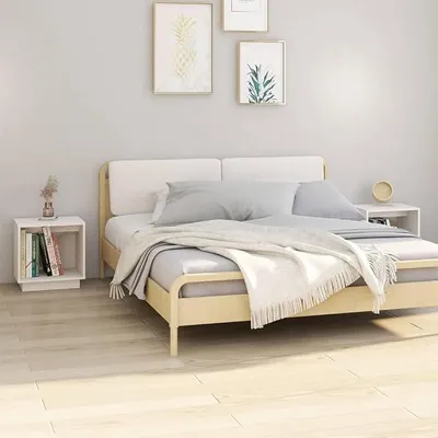 Image de Ensemble de deux tables de chevet en bois massif de pin, dimensions 40x30x40 cm, avec étagère