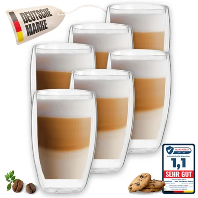 A collage of double-walled glass mugs filled with latte macchiato, coffee beans, and cookies. The image also includes promotional tags and a rating badge.
