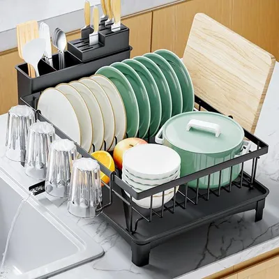Produktbild von PolkaHome® Abtropfgestell mit Abtropfschale, Edelstahl-Abtropfgestell mit drehbarem Ablaufauslauf, Geschirrabtropfgestell für die Küche,