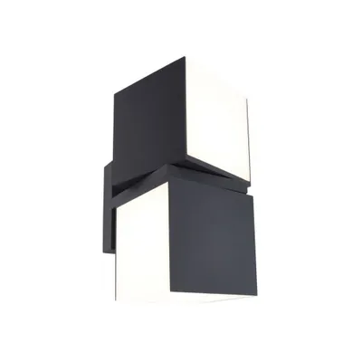 A modern, dark grey outdoor wall light with two illuminated cube-shaped sections.