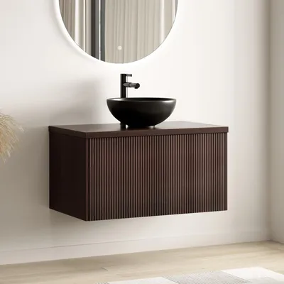 Produktbild von LOMAZOO Badezimmermöbel Walnuss gerippt 80 cm - Schwarzes Waschbecken - Unterschrank - Waschbeckenmöbel - Schwebender Waschbeckenunterschrank [MESSINA]