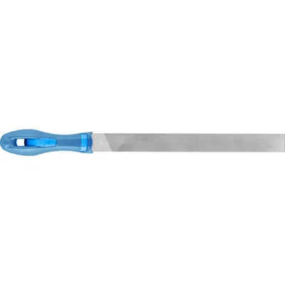 Produktbild von PFERD Werkstattfeile mit Heft Flachstumpf 250mm Hieb 2 universell zum Schruppen und Schlichten, Datei, Flache Datei, Ablängen, Aluminium, Messing, Bronze, Eisenguss, Kupfer, Stahl, Blau, 25 mm