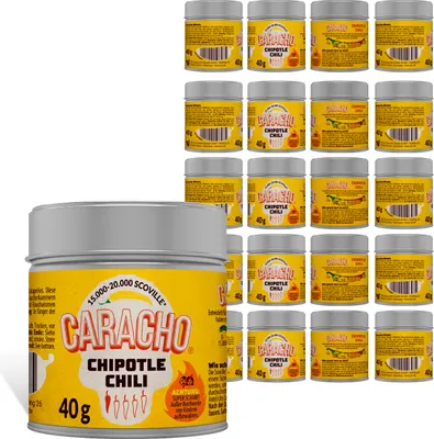 Obrázok produktu pre CARACHO 20 balení x 40 g Chilli Chipotle chilli vločiek drvených - prémiové 100% pálivé chilli v kovovej plechovke na korenie/Scoville: 15 000-20 000 / hodnotné balenie