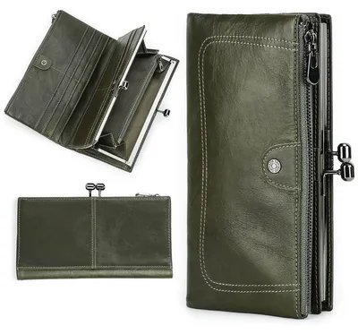 Produktbild von Damen-Geldbörse mit Verschluss, aus Leder, als Handytasche, dreifach, mit Münzfach, Vintage-Design, Kartenhalter, Fotoausschnitt, grün, Retro-Stil