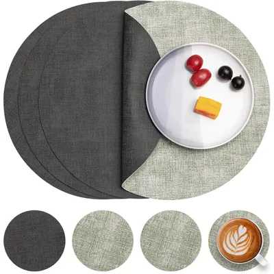 Productafbeelding van Tafelsets, vaatwasmachinebestendig, lederlook, rond, diameter 36 cm, set van 4, grijs/groen