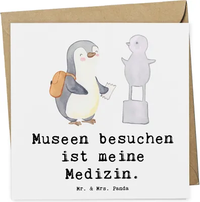 Produktbild von Mr. & Mrs. Panda Grußkarte Pinguin Museum besuchen - Weiß - Geschenk, doppelkarte, faltkarte, Museen, Klappkarte, Glückwunschkarte, anlasskarte