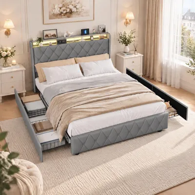 Imagen del producto de Cama tapizada INONEFT de 160x200 cm con iluminación LED y puertos USB, cama doble con 4 cajones, cama juvenil con espacio de almacenamiento en la cabecera, tapizada en flanela, color gris