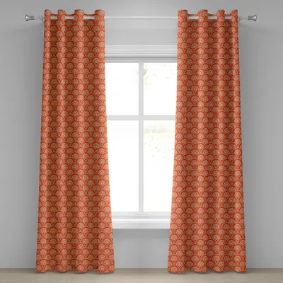 Image de ABAKUHAUS Rideau à œillets géométrique, motif demi-cercle oriental, forme géométrique abstraite, kimono japonais, rideaux décoratifs à 2 panneaux, 280 cm x 175 cm, orange pâle jaune