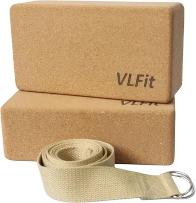 Produktbild von Yogablock-Set aus 2 Blöcken und Gurten, 100% Baumwolle, natürlicher Kork