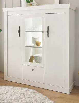 Produktbild von Highboard "Fiastra" weiß Pinie Landhaus Vitrine 140 x 146 cm mit Soft-Close und LED