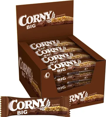 A box of Corny Big chocolate-flavored muesli bars, with one bar displayed in front.