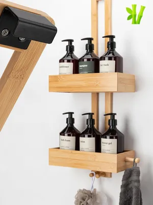 Obrázek produktu pro Sprchový závěs bez vrtání – bambusový závěsný držák na sprchový gel – organizér do koupelny, dřevěný, na šampon a sprchový gel