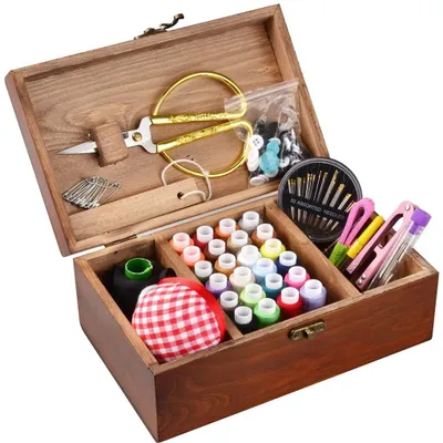 Immagine prodotto di Omgoods - Cesto da cucito in legno con 110 accessori per cucito - Scatola vintage per accessori da cucito