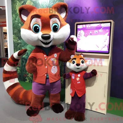 Produktbild von Lavendelroter REDBROKOLY Panda Maskottchen Kostüm Charakter gekleidet mit einer Strickjacke und Uhren