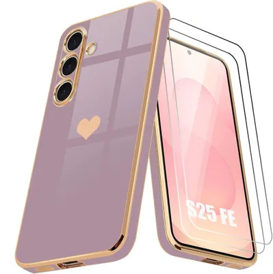 Image de Coque + 2 Verres Trempés pour Samsung Galaxy S25 FE, Silicone avec Motif Coeur Protection Slim Violet