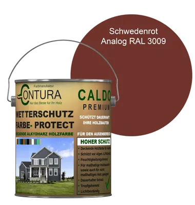 Produktbild von Contura 2,5Liter Wetterschutzfarbe Holz Dauerschutzfarbe Deckend Buntlack Holzfarbe Holzlasur Seidenmatt - Schwedenrot - RAL 3009 Analog