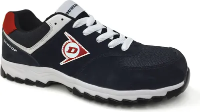 A single navy blue Dunlop safety shoe is shown against a white background.