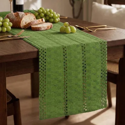 Produktbild von Tischläufer 30x140 cm Boho Landhausstil Häkelspitze Baumwolle Leinen Grün