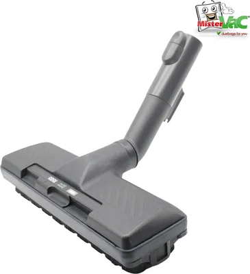 A vacuum cleaner nozzle on a white background with a logo and text overlay.