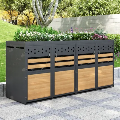 Produktbild von MODFU Müllbox Mülltonnenbox Aufbewahrungsbox für Mülltonnen, 4er mit Pflanzdach, 120-240 Liter, Anthrazit Tür in Holzoptik inkl. Erweiterungsmöglichkeit