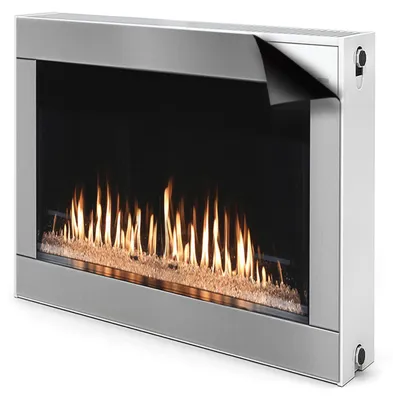 A modern fireplace with a silver frame and glass front, showing flames and decorative glass beads.