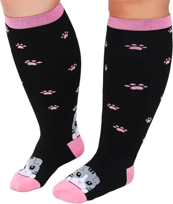 Zdjęcie produktu dla Skarpetki uciskowe szeroka łydka, plus size, wzór kotów, 20-30 mmHg, wsparcie podczas podróży lotniczych