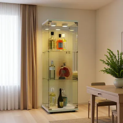 Zdjęcie produktu dla INONEFT Szklana witryna z oświetleniem LED, szafka witrynowa jednodrzwiowa, 3 półki, szkło hartowane, do salonu, sypialni, biura, 42×36×125 cm, biały