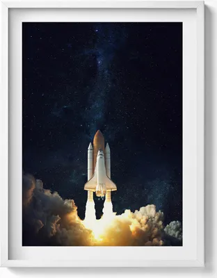 Produktbild von Rakete, die in den Weltraum abhebt– Wandbild mit Rahmen – Gerahmtes Bild  – Wanddekoration – 60x80 cm –  Weiß Rahmen